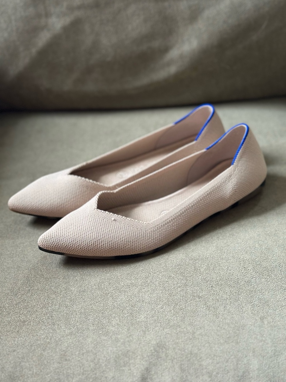 Rothy's Beige Nude Pointed Toe Flats with Blue Trim